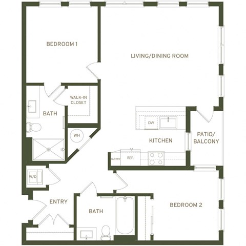 Floor plan for 2 beds, 2 baths, 1059 sqft